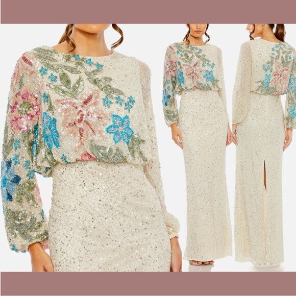 NWT $598 Mac‎ Duggal [ SZ 10 ] Embellished Multicolor Floral High Neck Gown Q688